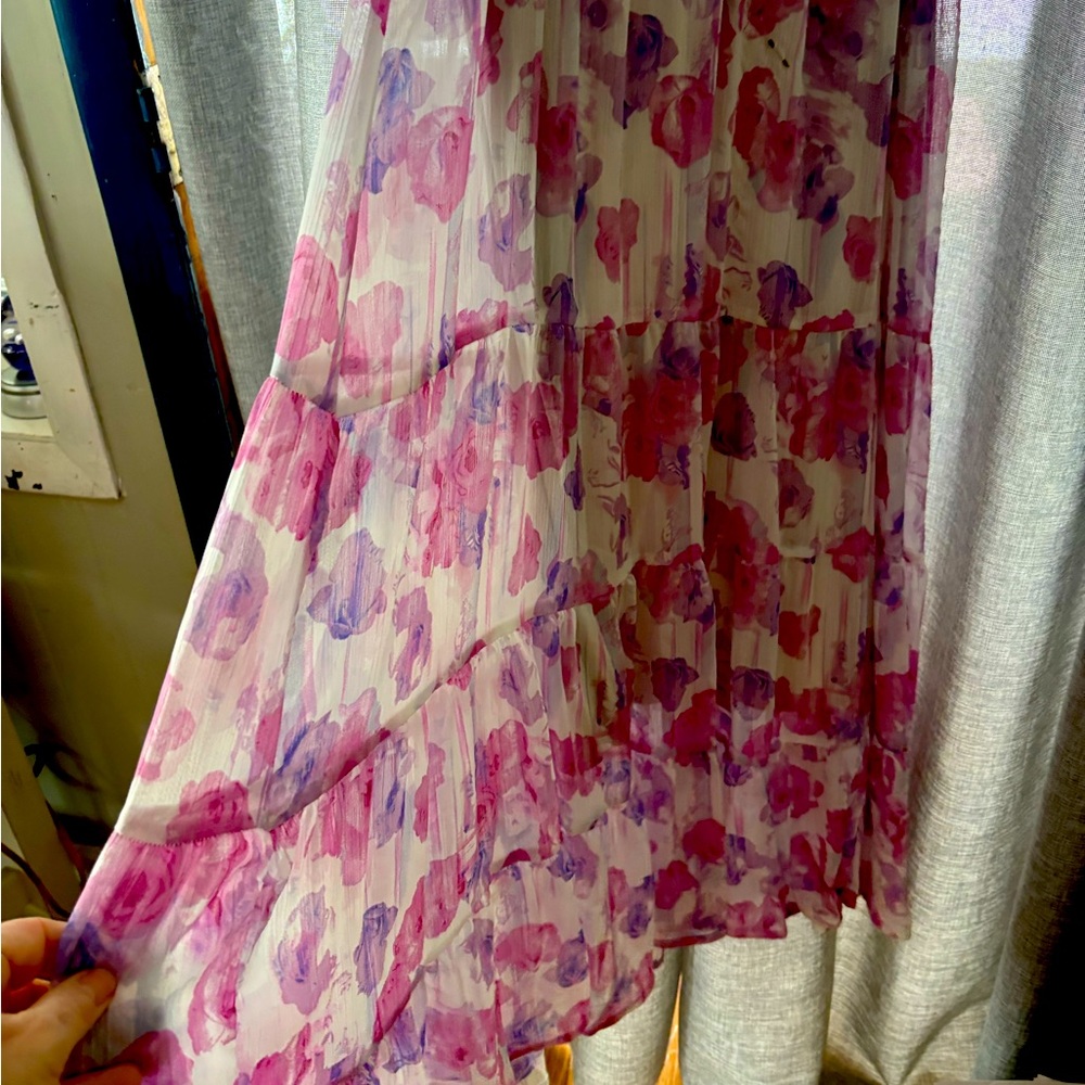 Floral pink lavender. Tiered with fun sleeveless ruffle